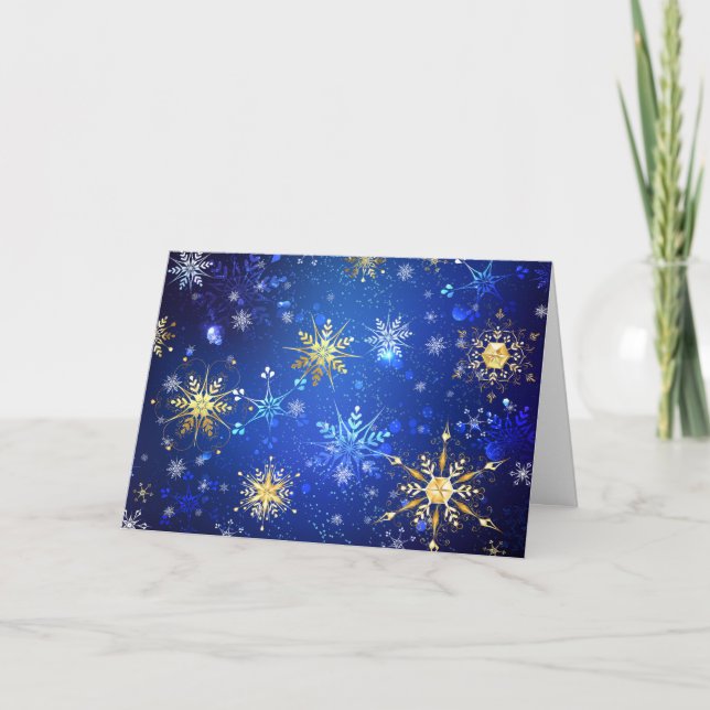 Invitation Fond bleu de Noël avec flocons d'or (Devant)