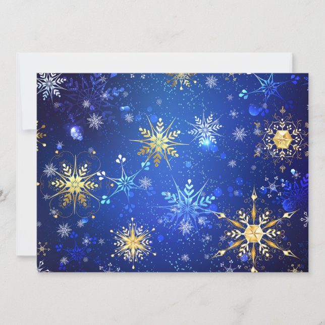 Invitation Fond bleu de Noël avec flocons d'or (Devant)