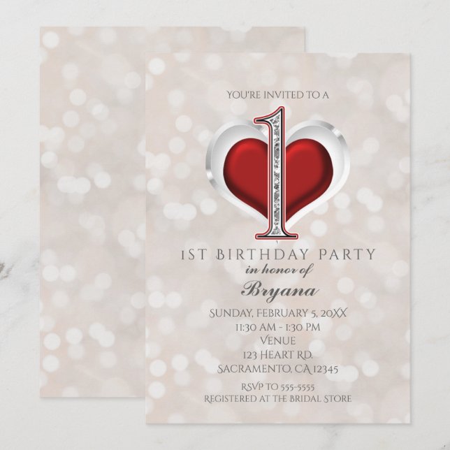 Invitation Fond Bokeh blanc et Saint-Valentin rouge Glam 1er  (Devant / Derrière)