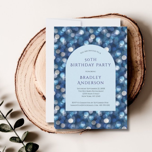 Invitation Fond Bokeh Bleu Arche Pour Son 50e Anniversaire (Blue Bokeh Abstract Circles Blurry Dreamy 50th Birthday invitation for him. Printed or Digital)