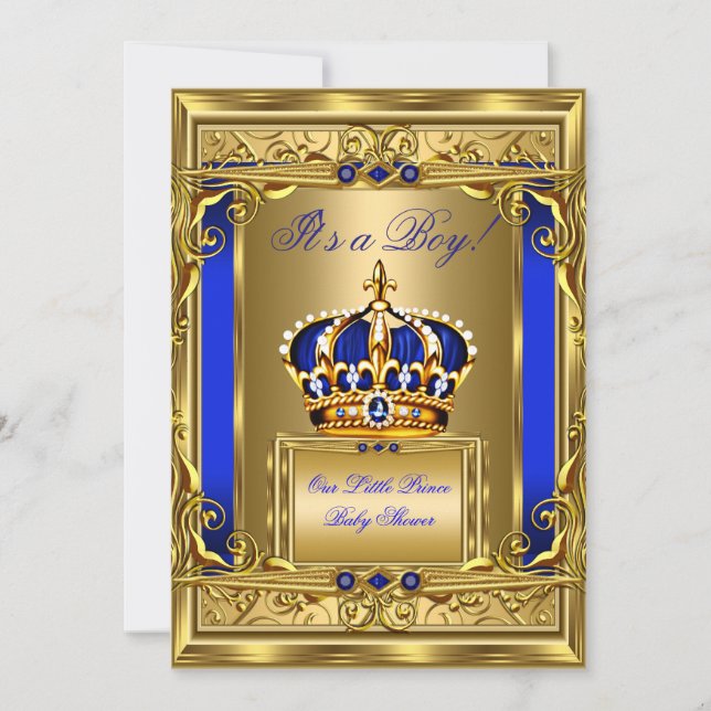 Invitation Fond de baptême garçon Couronne Dorée Damassé Bleu (Devant)