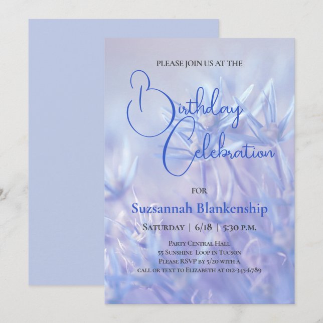 Invitation Fond de fête d'anniversaire floral bleu pastel (Devant / Derrière)