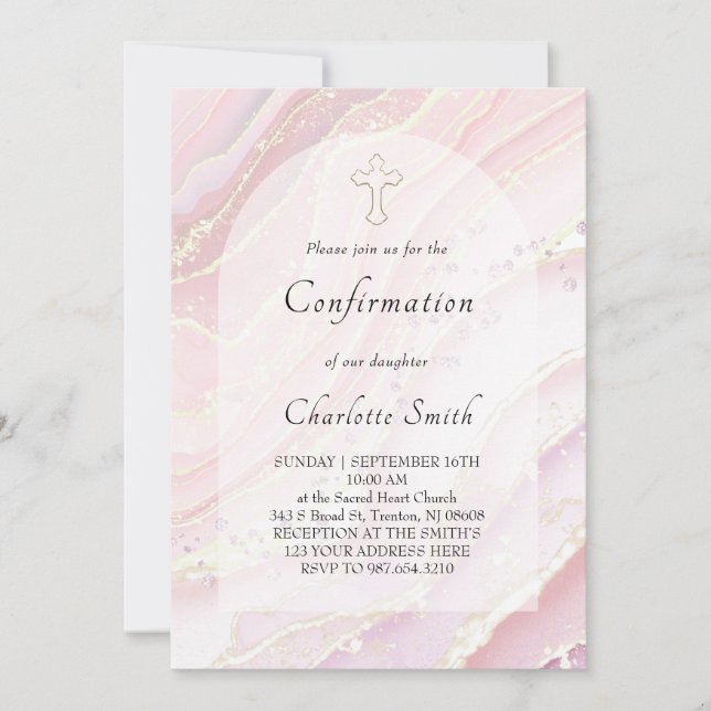 Invitation fond de marbre liquide rose Confirmation (Devant)