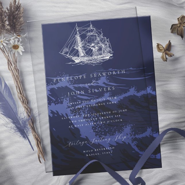 Invitation Fond de mariage vagues bleu foncé nautique (Nautical Dark Blue Waves Background Wedding Invitation)