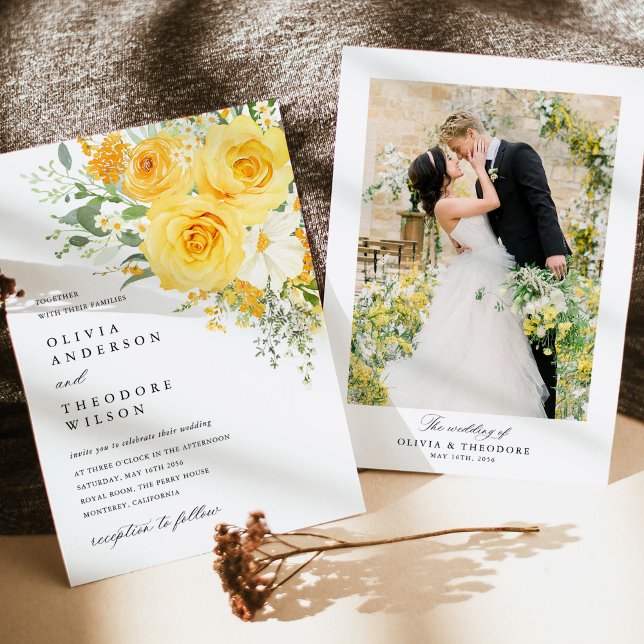 Invitation Fond de photo de mariage à la rose florale jaune (Yellow floral rose wedding invitation with photo back, watercolor yellow rose wedding stationery)