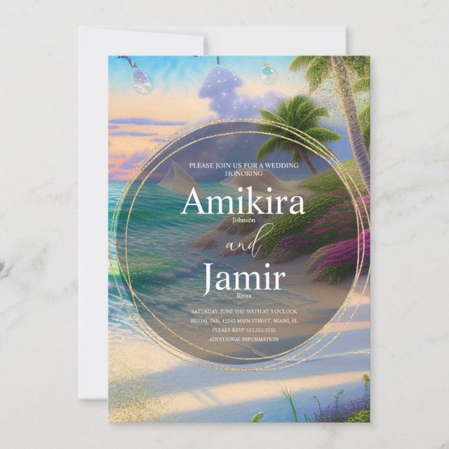 Invitation Fond de plage moderne paillettes or mariage (Devant)