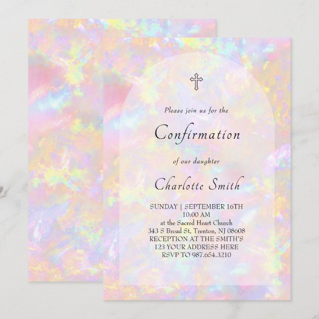 Invitation fond d'opale Confirmation (Devant / Derrière)