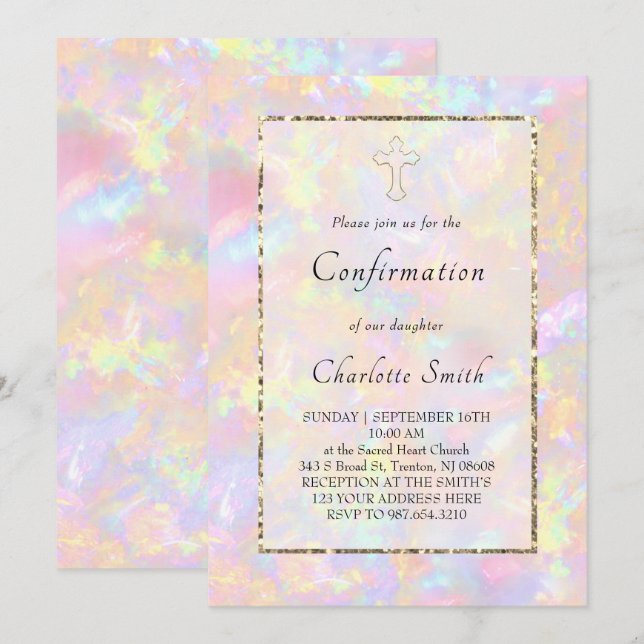Invitation fond d'opale Confirmation (Devant / Derrière)