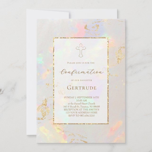 Invitation fond d'opale de feuille fausse Confirmation (Devant)