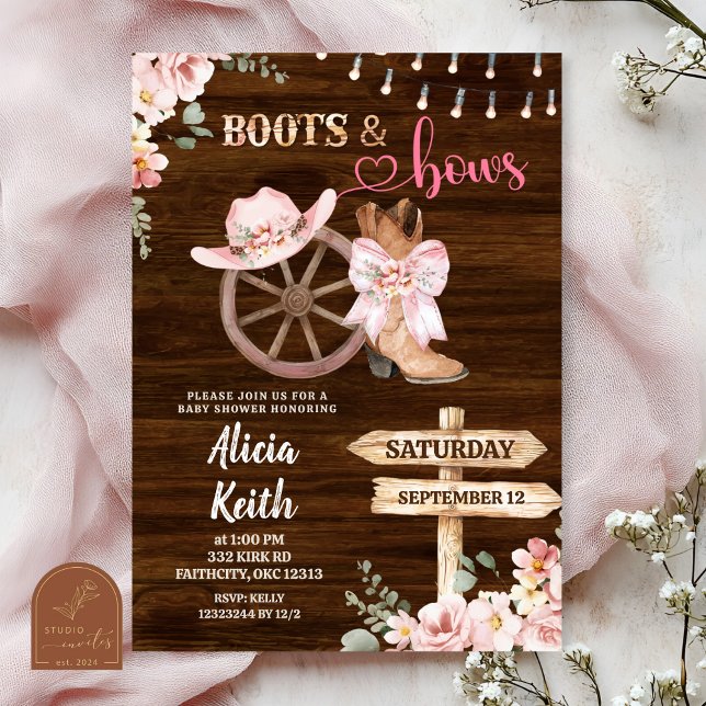 Invitation fond en bois rustique floral bottes et noeuds (Créateur téléchargé)