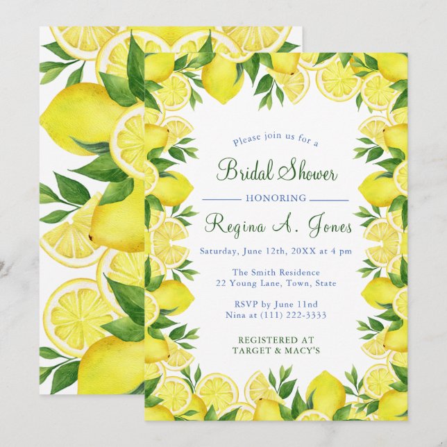 Invitation Fond floral aquarelle de citron seamless (Devant / Derrière)