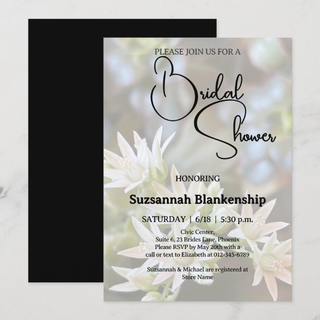 Invitation Fond floral de plantes grasses blanches pour une d (Devant / Derrière)