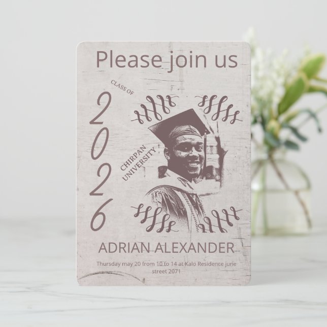 Invitation Fond personnalisé en gris pour la remise de diplôm (Debout devant)