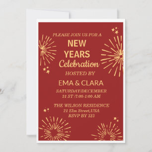Invitation Fond rouge et feux d'artifice Bonne année
