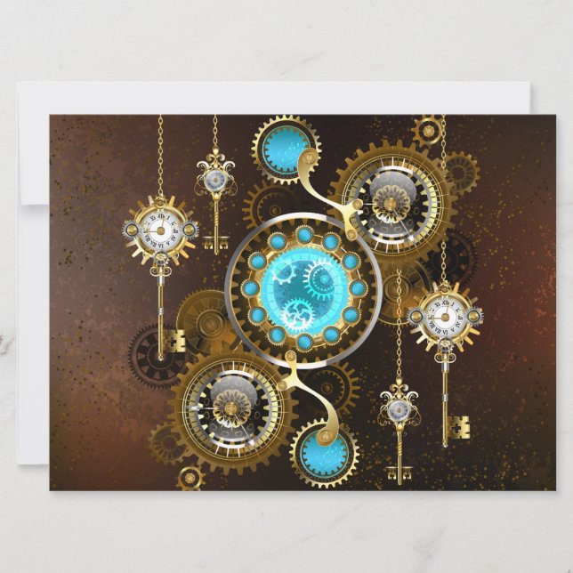 Invitation Fond rouillé Steampunk avec verres turquoise (Devant)