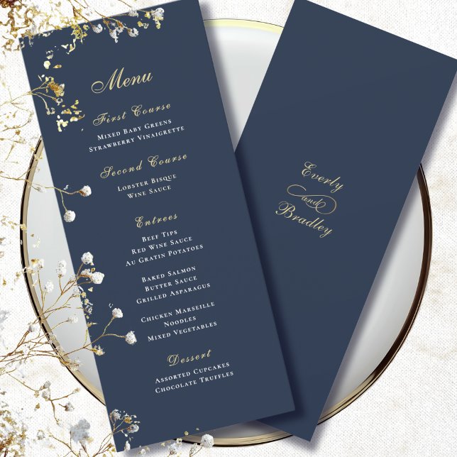 Invitation Fond simple bleu marine Menu à l'écriture dorée et (Créateur téléchargé)