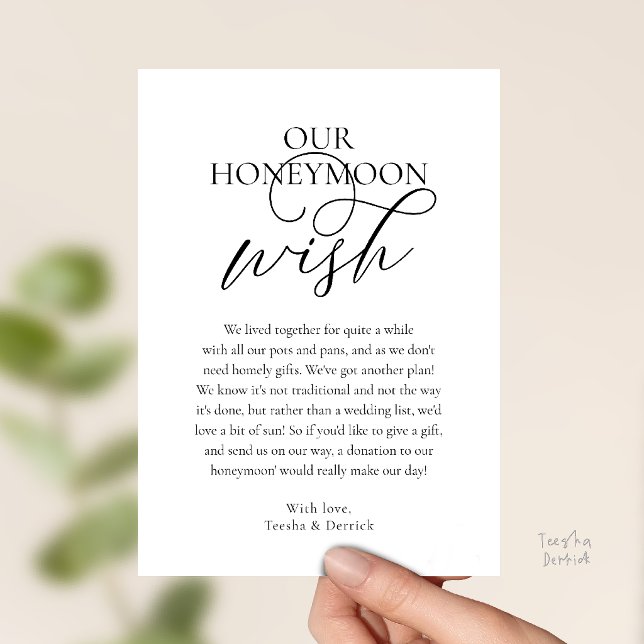 Invitation Fonds de voeux de lune de miel Elegant Script incl (Elegant Script Honeymoon Wish Cash Fund Enclosed Invitation Card and Black and White)