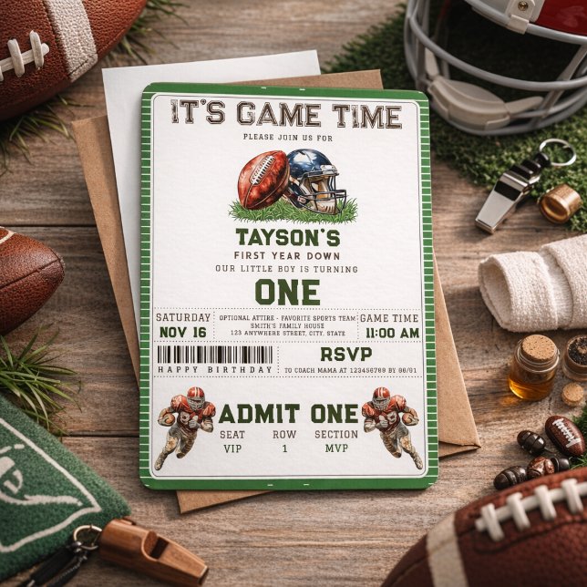 Invitation Football américain première année bas 1er annivers (American Football First Year Down 1st Birthday Invitation)