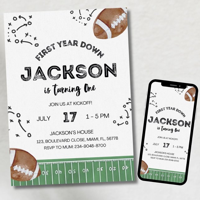 Invitation Football Birthday Invitation, First Year Down,Foot (Créateur téléchargé)
