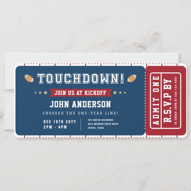 Invitation Football First Year Touchdown Birthday Ticket (Devant)