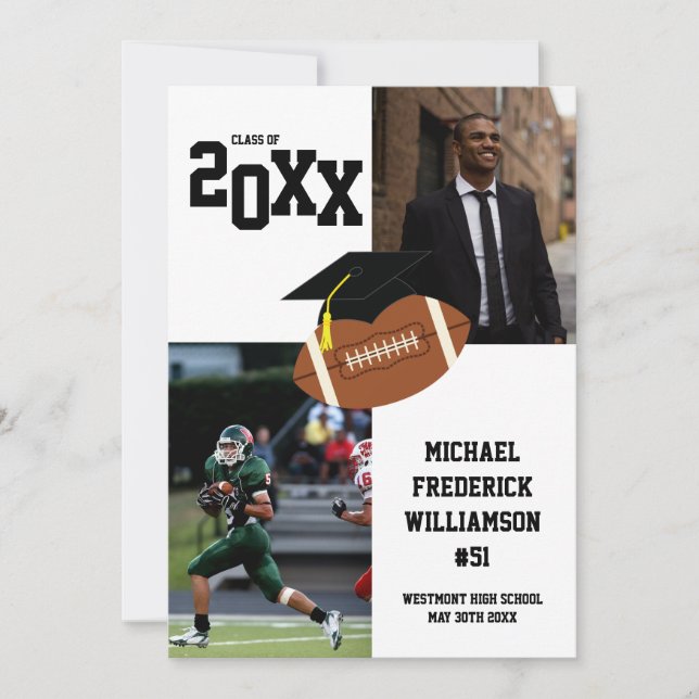 Invitation Football Graduation Sports Noir et Blanc (Devant)