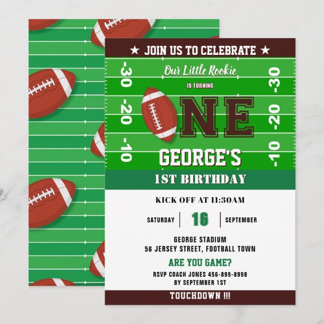 Invitation Football Green Black One 1ère fête d'anniversaire (Devant / Derrière)