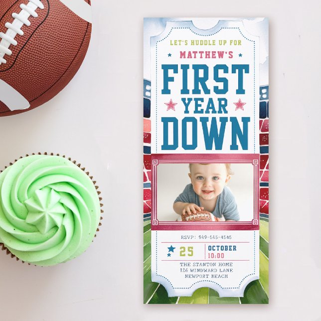 Invitation Football Jeu Ticket Sports Boy Photo 1er Anniversa (boy 1st birthday invitation photo football first year down sports ticket blue red green game time)