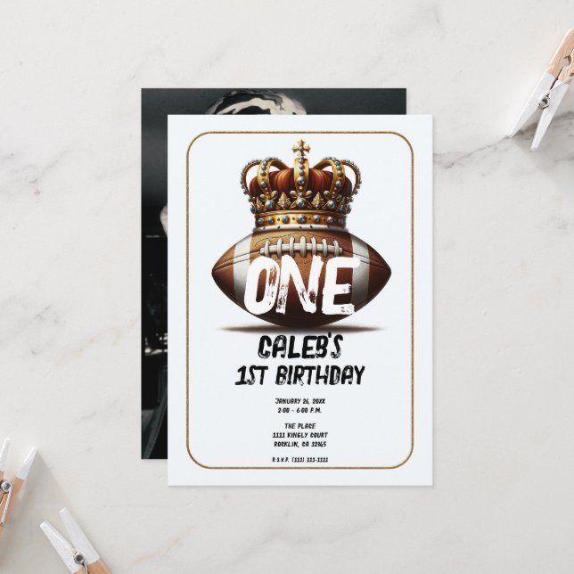 Invitation Football King Gold Crown Photo Retour 1er annivers (Devant/Arrière en situation)