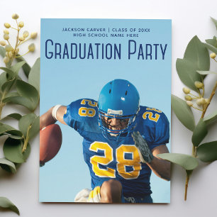 Invitation Football Player Photo Blue Script Graduation Party
