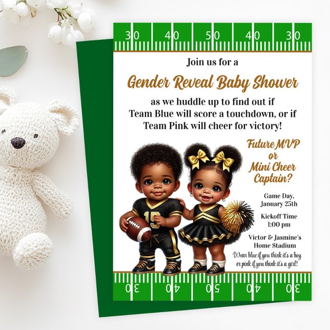 Invitation Football Pom-pom girl Genre Revela Party (Football gender reveal invitations with cute football player & cheerleader. Simply add your details!)
