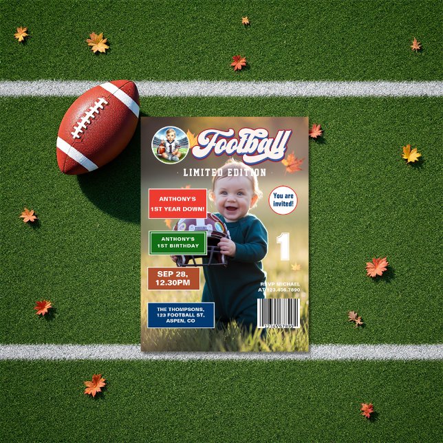 Invitation Football Première année Down Magazine Couverture A (Football First Year Down Magazine Cover Birthday Invitation)
