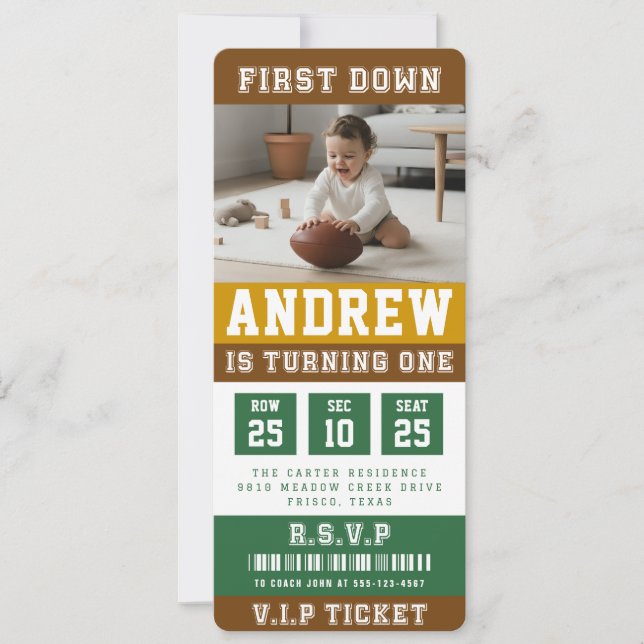 Invitation Football Ticket First Down 1st Birthday Kids Photo (Devant)