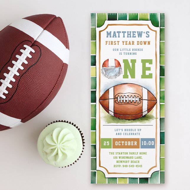 Invitation Football Ticket Sports Thème Cute Boy 1er Annivers (first year down football birthday invitation photo watercolor sports ticket boy green)