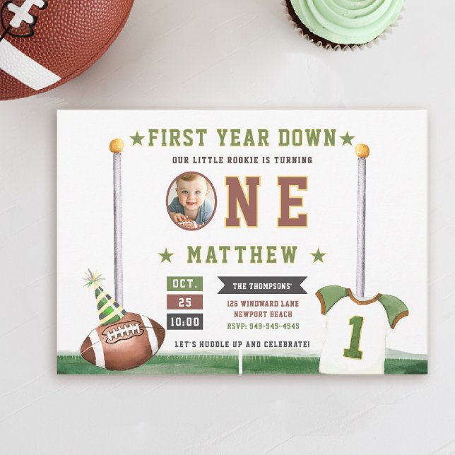 Invitation Football Touchdown Photo Cute Boy 1er anniversaire (first year down football touchdown birthday invitation photo sports boy 1st party cute)
