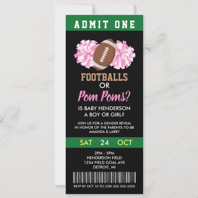 Invitation Footballs ou Pom Poms Sexe Révéler Ticket (Devant)