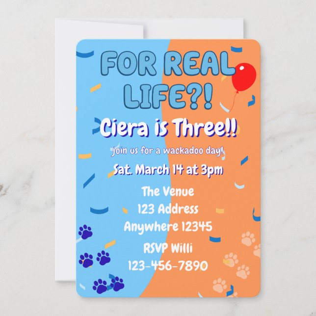 Invitation For Real Life Blue and Orange Puppy Paw Birthday (Devant)
