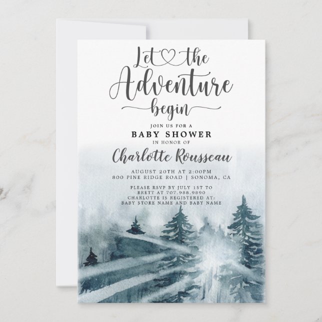 Invitation Forest Adventure Blue Green Watercolor Baby shower (Devant)
