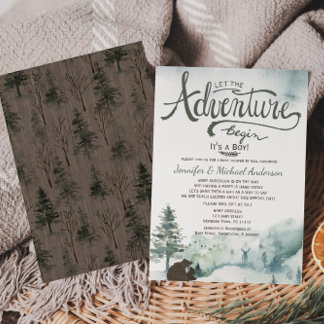 Invitation Forest Adventure Boy Bear Deer Baby shower par la 