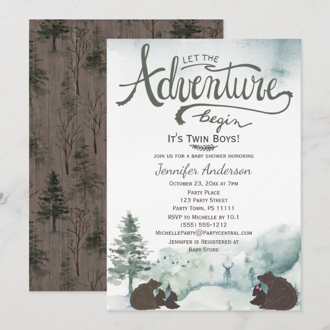 Invitation Forest Adventure Boy Country Twin Bears avec soeur (Devant / Derrière)
