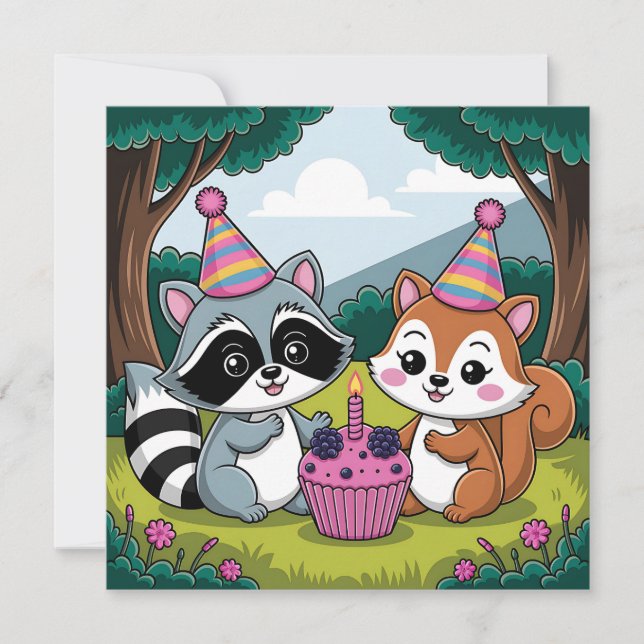 Invitation Forest Animals Themed Girl's First Birthday (Devant)