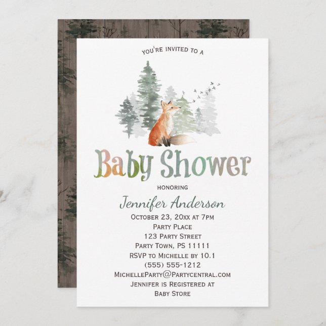 Invitation Forest Country Fox Baby shower (Devant / Derrière)