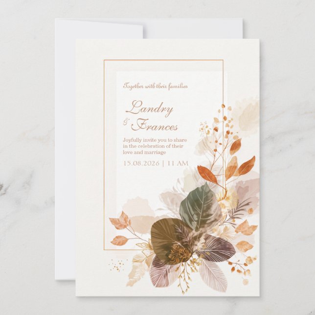 Invitation Forest Green Gold Line Autumnal Leaf Wedding (Devant)