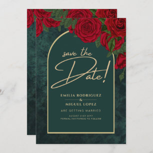 Invitation Forest Green Gold RED Roses hiver ÉCONOMISER LA DA