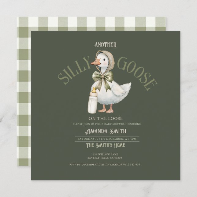 Invitation Forest Green Silly Goose neutral  Baby Shower  (Devant / Derrière)