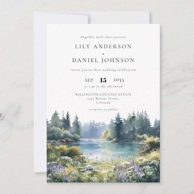Invitation Forest Lakeside Floral All In One Wedding (Devant)