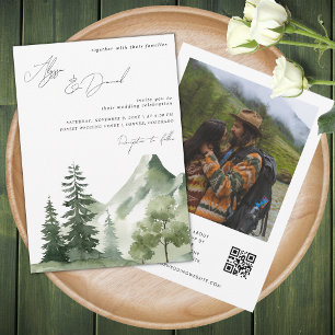 Invitation Forest Mountains Script moderne QR Code Mariage