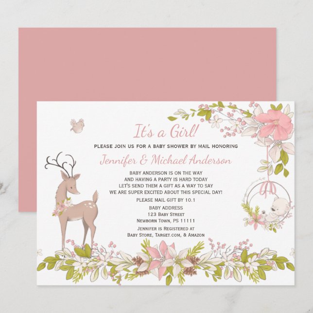 Invitation Forest Rose Girl Bear Deer Baby shower par la post (Devant / Derrière)