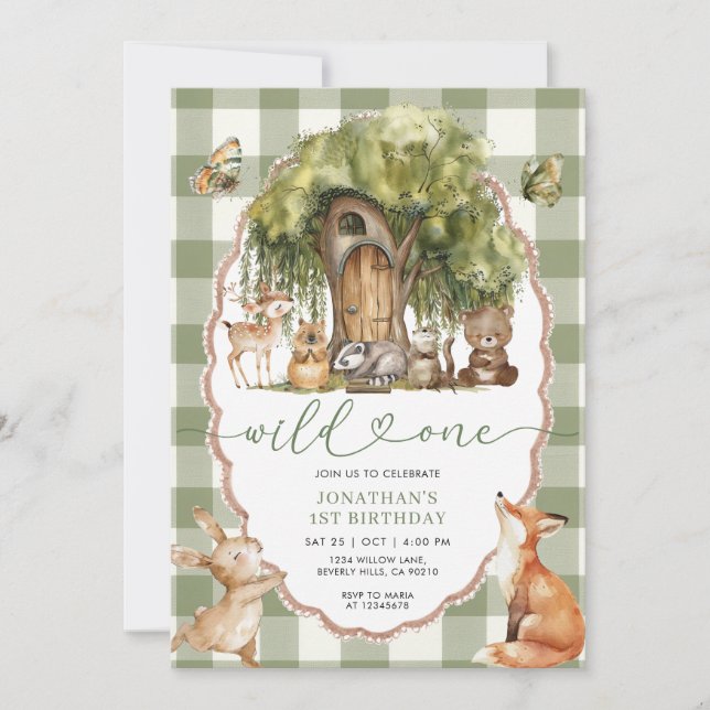 Invitation Forest Wild One First Birthday Woodland Animals (Devant)