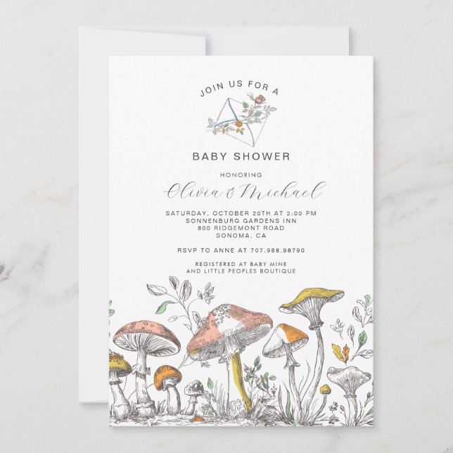 Invitation Forest Woodland Mushrooms Baby Shower (Devant)