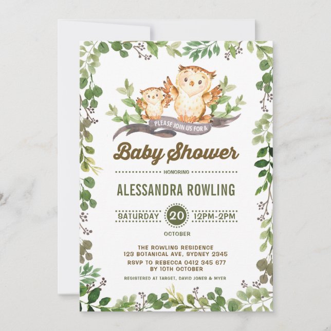 Invitation forestier du Baby shower Owl Woodland G (Devant)